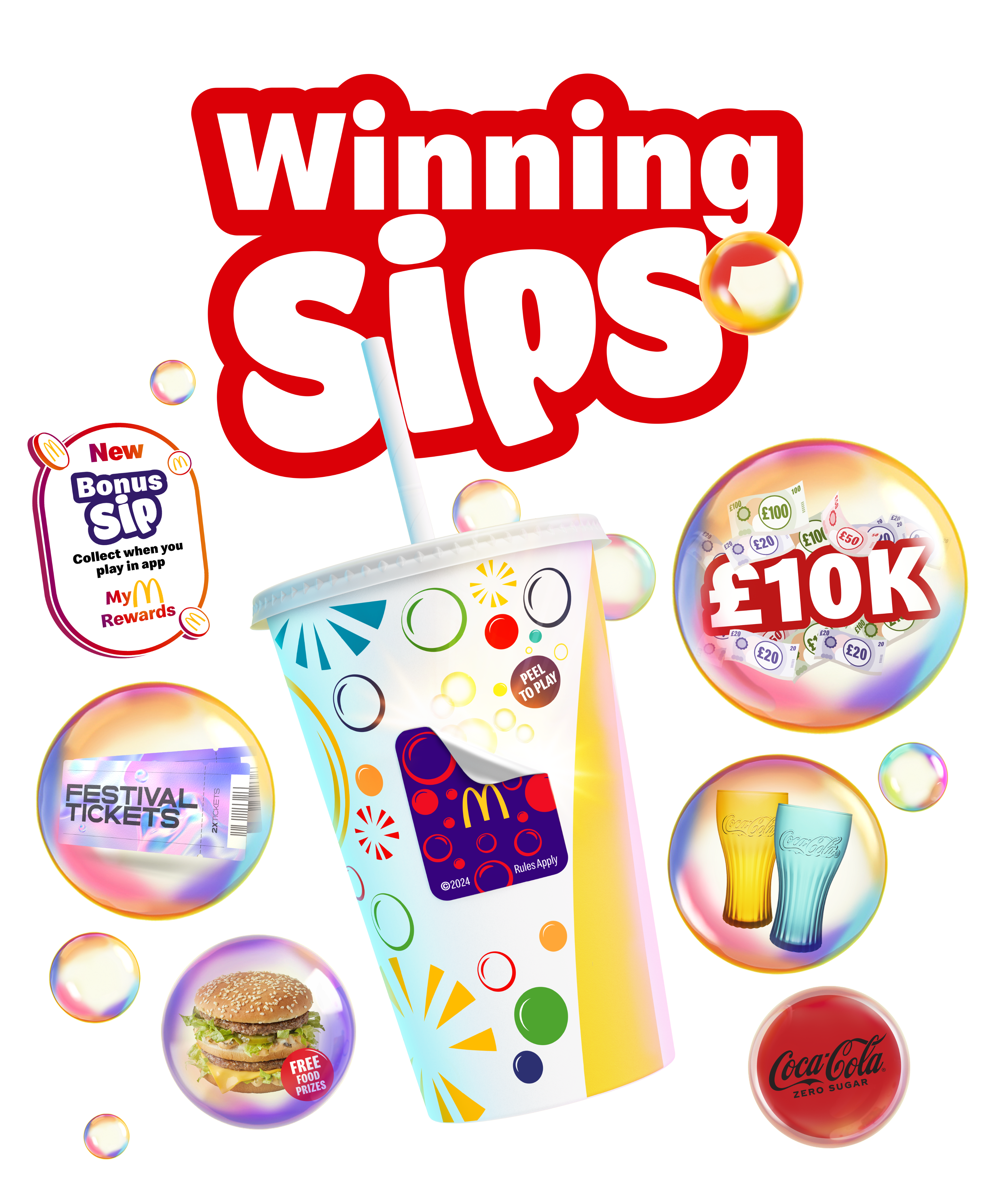 The Winning Sips logo surrounded by some of the potential prizes, such as 10 thousand pounds cash, coloured coca cola drinking glasses, free coca cola drinks, free Big Mac burgers, festival tickets, or bonus sips